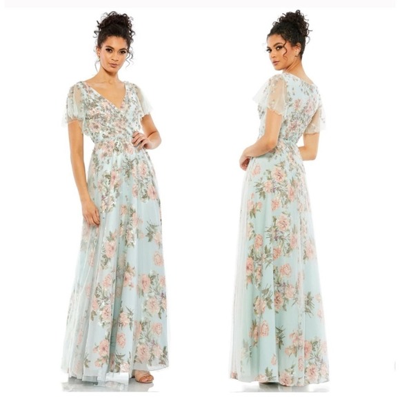 Mac Duggal Floral Flutter Sleeve V- Neck Maxi Dress Multicolor Size 8 NWT - Picture 1 of 12